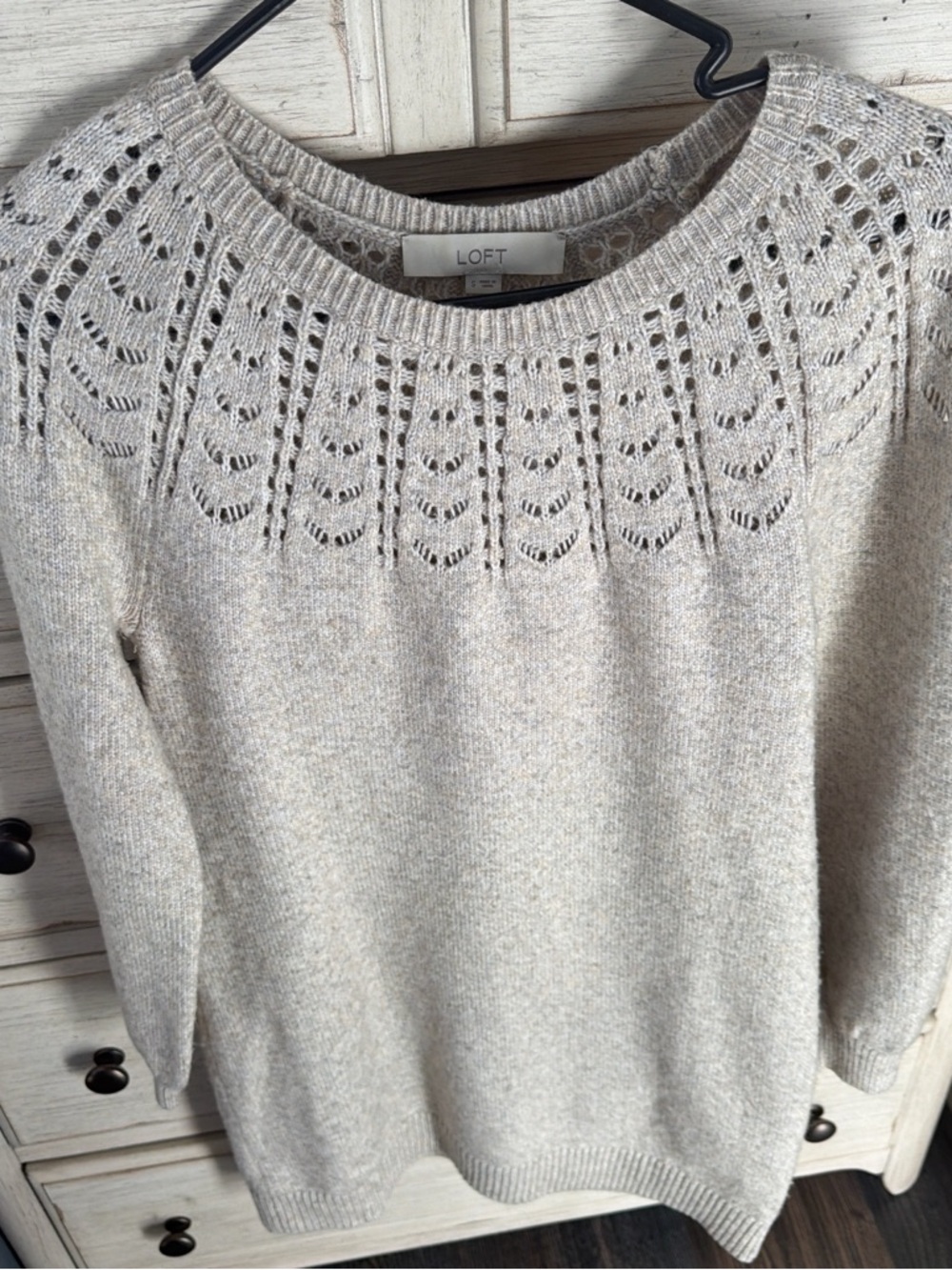 LOFT Cream Openwork Yoke Crewneck Sweater